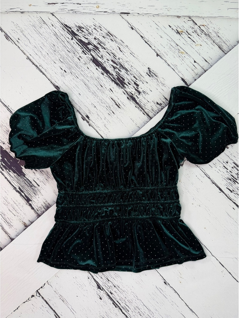 Francesca’s Mi Ami Abby Fairycore Green Velvet Smocked Peplum Top Puff Sleeve